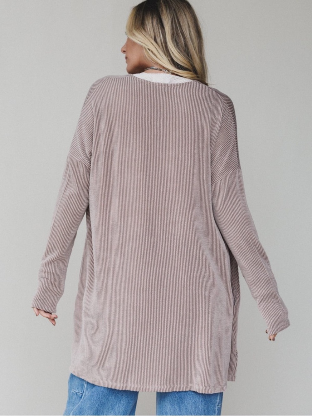 Three Bird Nest Ribbed Open-Front Cardigan in Dusty Mauve - Picture 4 of 7